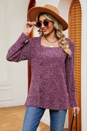 Asymmetric ribbed button-down top in Red-Violet with a square neckline and long sleeves.