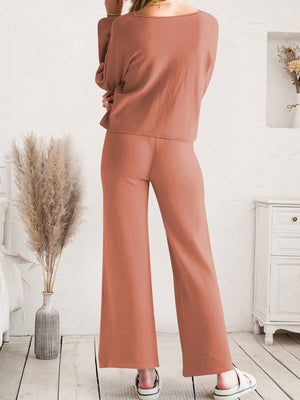 Wide-leg acrylic loungewear set in caramel, featuring a relaxed fit and comfortable style.