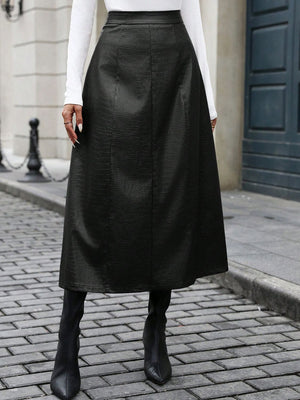 Black croc-effect A-line midi skirt with a flared silhouette.