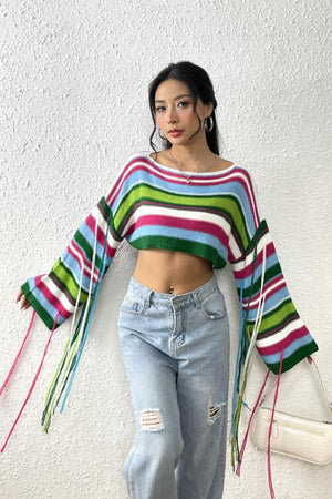 Cropped knit sweater with multicolor stripes and fringe sleeves.