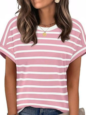 Pink and white striped casual t-shirt with short sleeves and a crew neck.