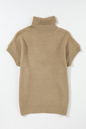 Khaki textured knit turtleneck cap sleeve sweater with a waffle knit pattern.