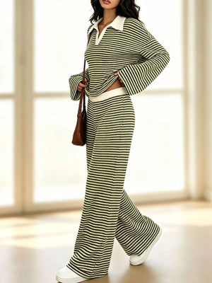 Striped Long Sleeve Polo And Wide-leg Pants Set in Green, view 12