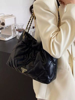 Ruched Leather Shoulder Bag in Black, fit detail
