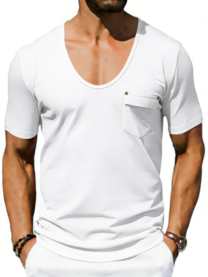 White cotton blend tee with scoop neck and chest pocket.