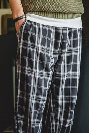 Relaxed fit black plaid men's sweatpants with a white waistband.