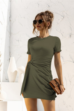 Army green jersey mini dress with draped knot-front detail and short sleeves.