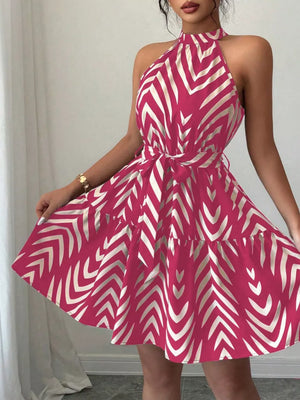 Rose red halter neck tie-waist ruffle dress with abstract pattern