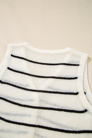 White nautical stripe knit vest with crew neck and sleeveless design.