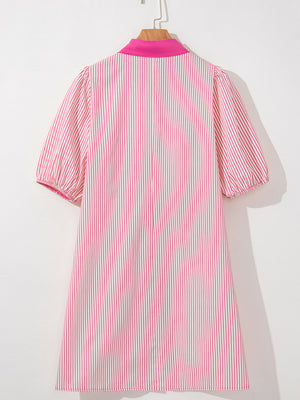 Button-down mini dress in pink and white stripe cotton with puff sleeves and a bright pink collar.