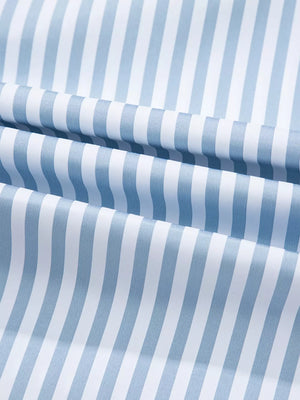 Blue and white striped button-down shirt with shirred fabric detail