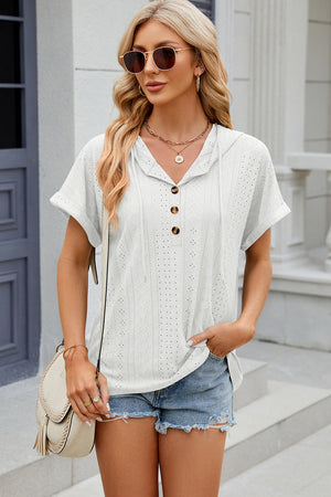 White perforated henley hooded tee with short sleeves and button detail