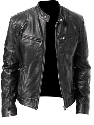 Men's black faux leather biker jacket with zip pockets and stand collar