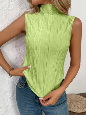 Textured sleeveless mock neck top in lime green with a crinkled pattern.