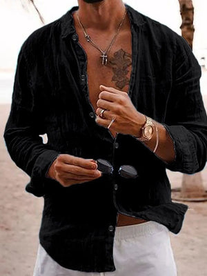 Black linen button-front shirt with relaxed fit and long sleeves.