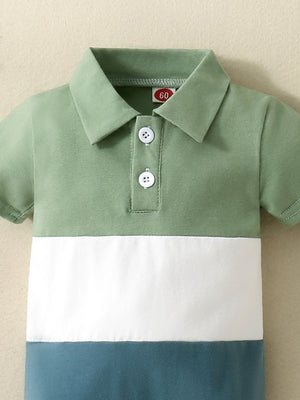 Baby color block polo one-piece with white buttons and moss green, white, and sky blue panels.