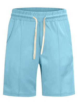 Light blue chino shorts for men with drawstring waist and pockets.