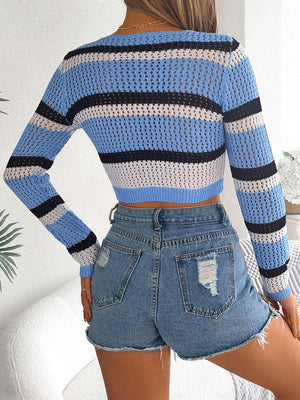 Sky blue striped crochet tie-front cropped cardigan with long sleeves.