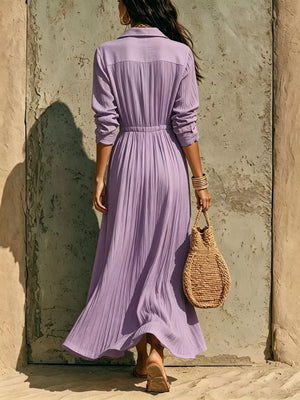 Textured Button Front Long Sleeve Maxi Dress Plus Size in Black, side view