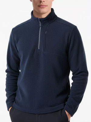 Navy fleece quarter-zip sweatshirt with zippered chest pocket and mock neck.