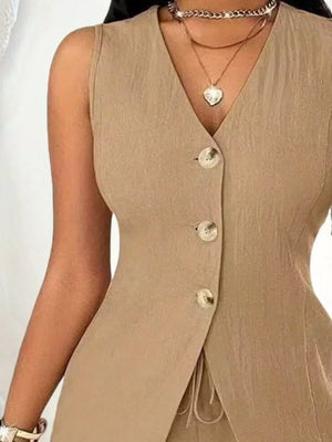 Tan button-down vest with drawstring detail and v-neckline.