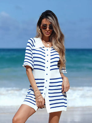 Coastal Chic striped knit mini dress with button-down front and collar, styled on a beach.