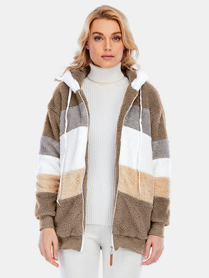 Teddy fleece zip-up hoodie with color block stripes and drawstring hood.