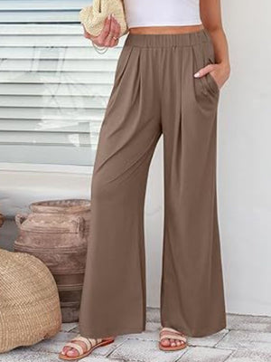 FlexiFit wide leg trousers in taupe with elastic waist and pockets.