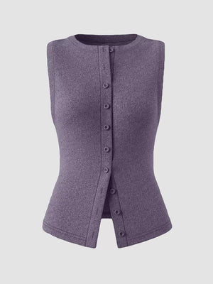 Dark Purple ribbed button-front fitted tank top with a crew neck.