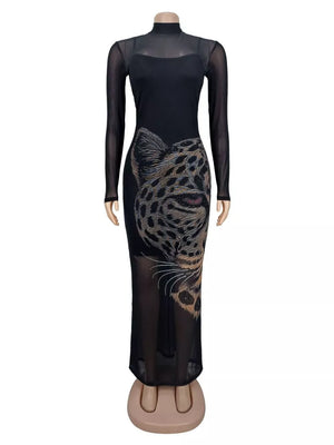 Leopard Print Mesh Long Sleeve Maxi Dress in Black, close-up detail