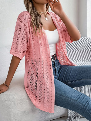 Open-knit chevron sleeve cardigan in pink acrylic with short sleeves, open front and relaxed fit.