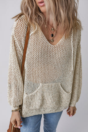 Beige open-knit V-neck hoodie pullover with front pocket and drawstring hood.