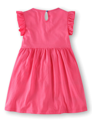 Strawberry cotton dress with ruffle sleeves and bird appliques.