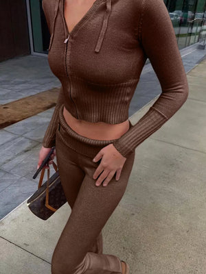 Zip Up Hooded Cardigan And Pants Sweater Set in Black, alternate angle