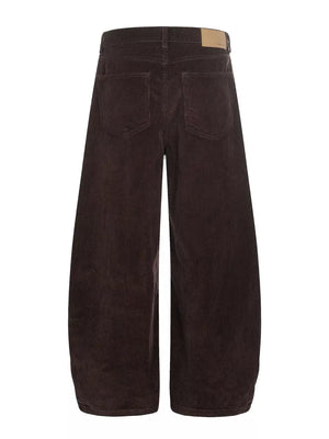 Brown corduroy wide-leg joggers for men with button fly and adjustable waist.