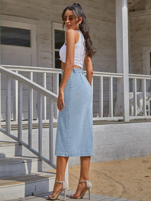 Button-front denim midi skirt in Sky Blue, featuring a high waist and straight cut.