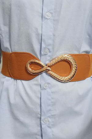 Caramel elasticated waist belt with sculpted gold buckle detail