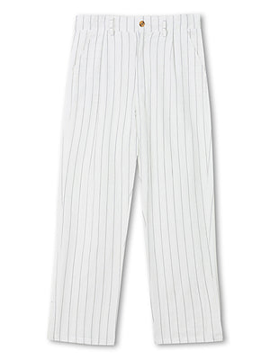 White pinstripe wide-leg sweatpants with a button and zip closure.