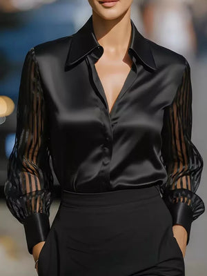 Elegant Shirt With Sheer Striped Sleeves in Scarlet, fabric detail