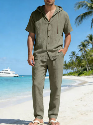Men's Army Green Linen Blend Hooded Top and Pants Ensemble