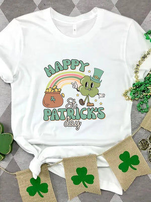 White t-shirt with St. Patrick's Day graphic featuring a clover character, pot of gold, and rainbow.