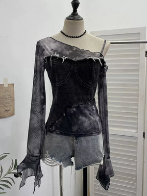 Edgy asymmetrical denim t-shirt with mesh sleeves and butterfly print in gray black.