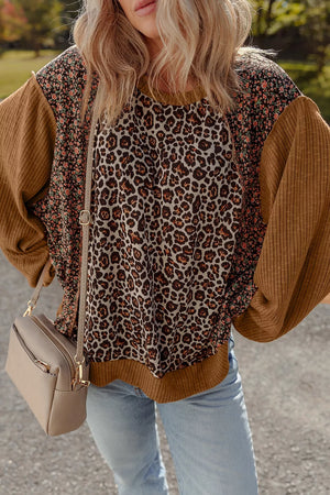 Leopard Floral Print Ribbed Puff Sleeve Sweatshirt in Brown, model styling view