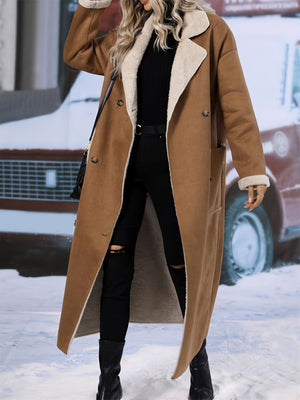 Brown reversible maxi coat with shearling trim and double-breasted closure.