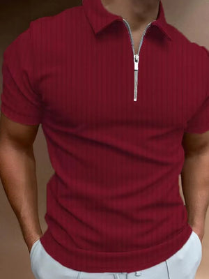 Burgundy ribbed zip-neck polo shirt with short sleeves and a silver zipper.