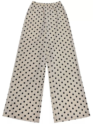Cream polka dot wide leg pants with elastic waist