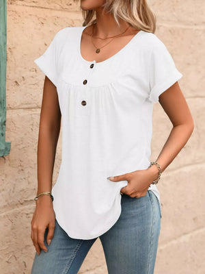 White relaxed henley t-shirt with button detail and short sleeves.
