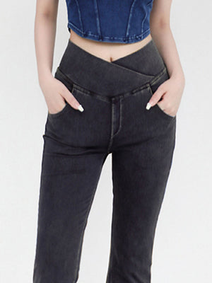 Charcoal crossover waist flare jeans with pockets