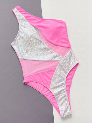 Hot pink one-shoulder swimsuit with sequin panel and mesh inserts