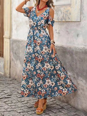 Cold Shoulder Floral Print Maxi Dress in Black, alternate angle